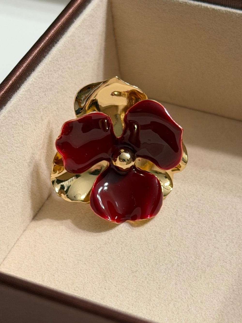 Golden Burgundy Irregular Double Layer 3-Petal Flower Adjustable Ring